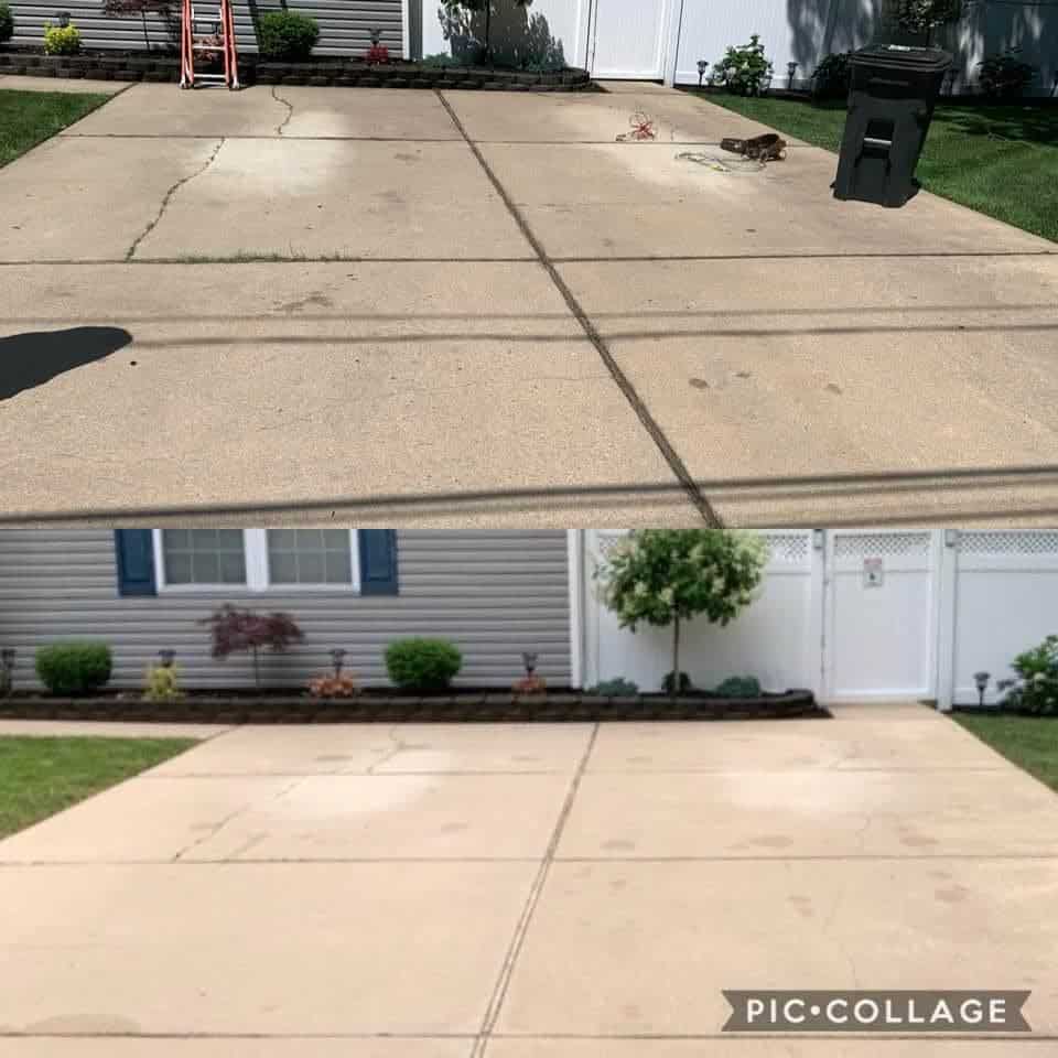 before and after photos of a soft washed concrete driveway.