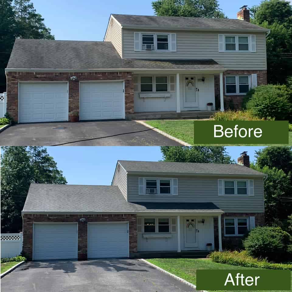 before and after images of roof cleaning