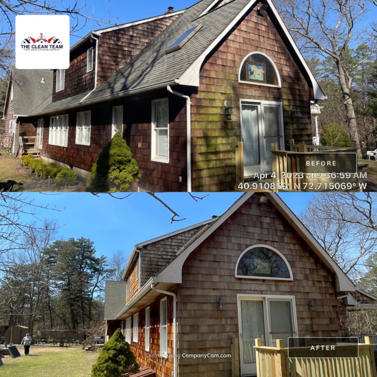suburban house with cedar shake cleaned before and after.