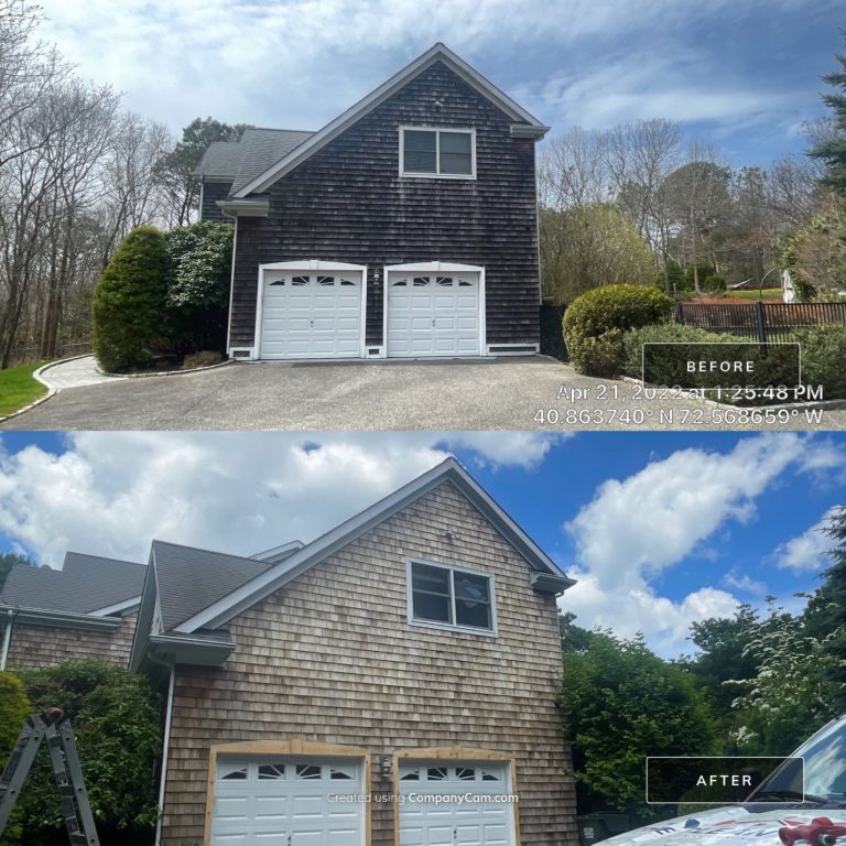 before and after of side of house with cedar shake siding soft washed by the clean team.