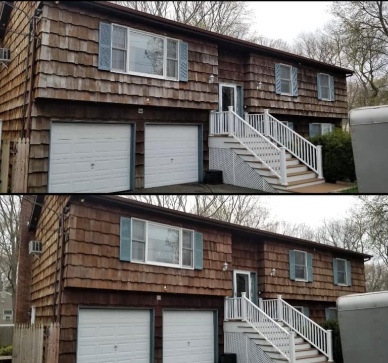 Before and after of high ranch in nassau county soft washed by the clean team us.