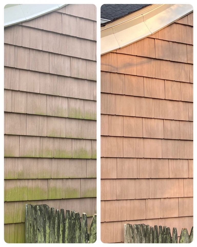 Before and after view of vinyl siding pressure washed.