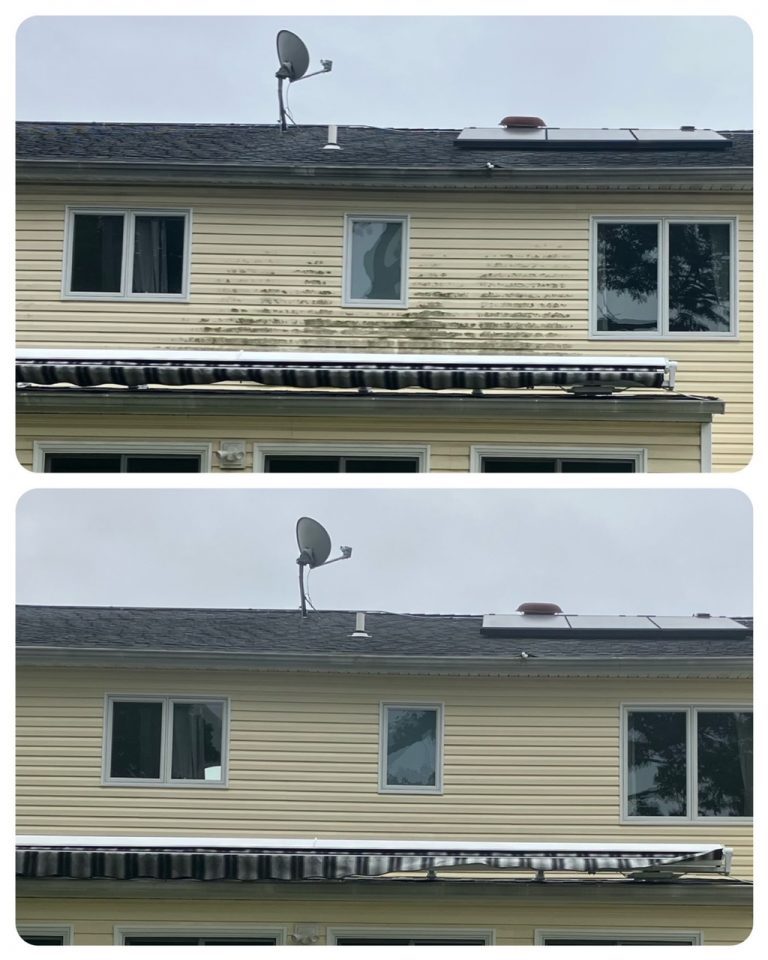 before and after of yellow siding that was power washed.