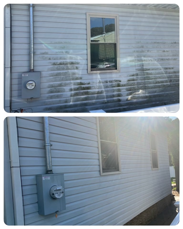 before and after of siding that has been pressure washed by the clean team of nassau.