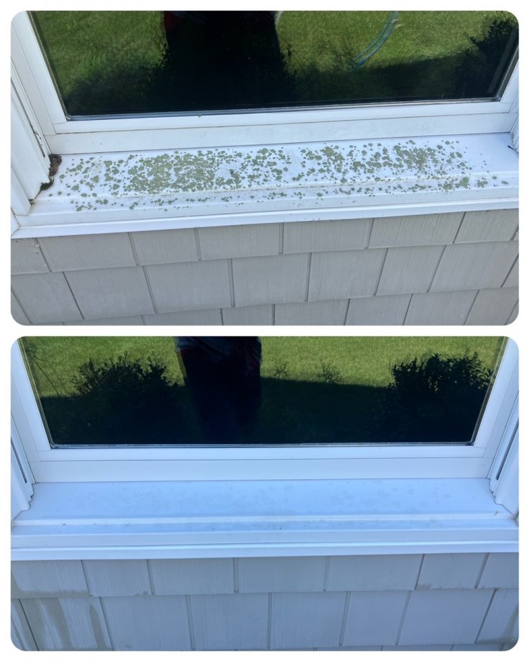 before and after of window flashing that was pressure washed.